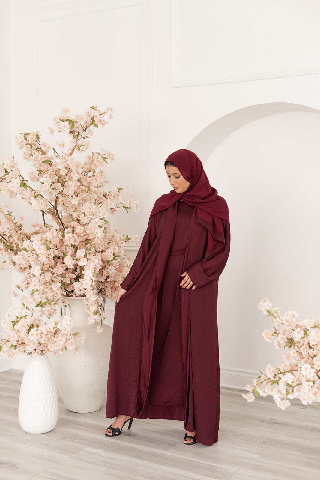 Bordeaux Textured Silk Abaya - Main Image